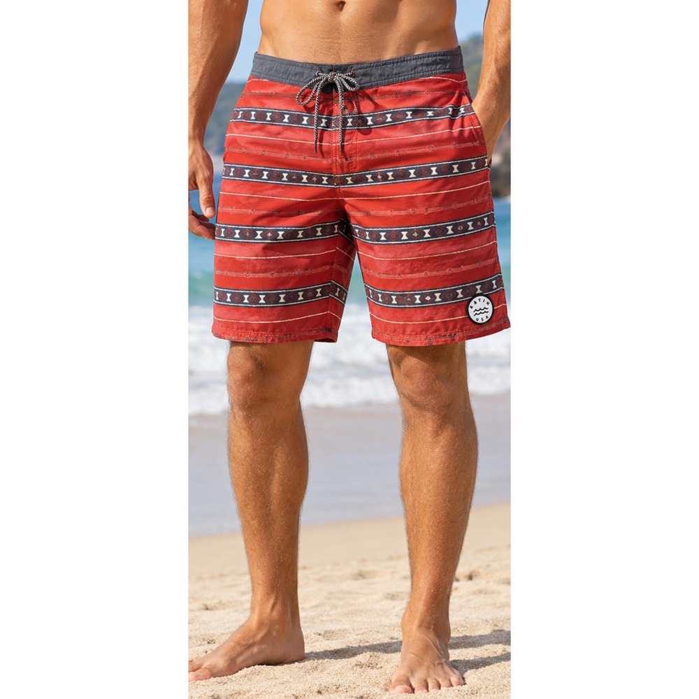 Katin USA Mens Board Shorts Red Tribal Geometric Stripe Surf Trunks Size 36